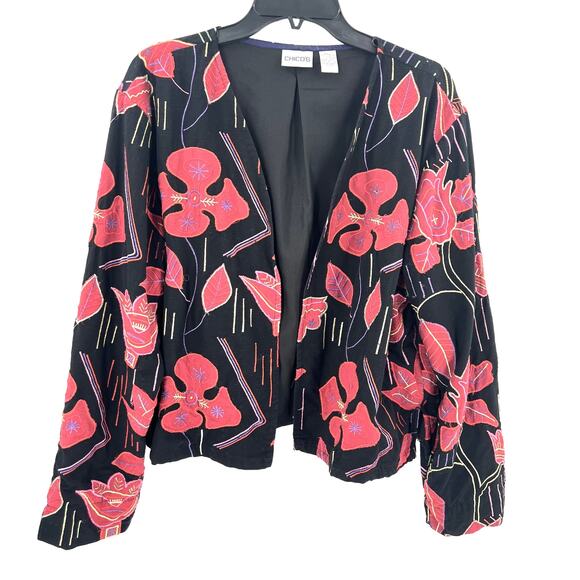 Chico's Jacket Women's 3 (XL/16) Black Red Floral Embroidery Art-To-Wear Blazer - Picture 1 of 7
